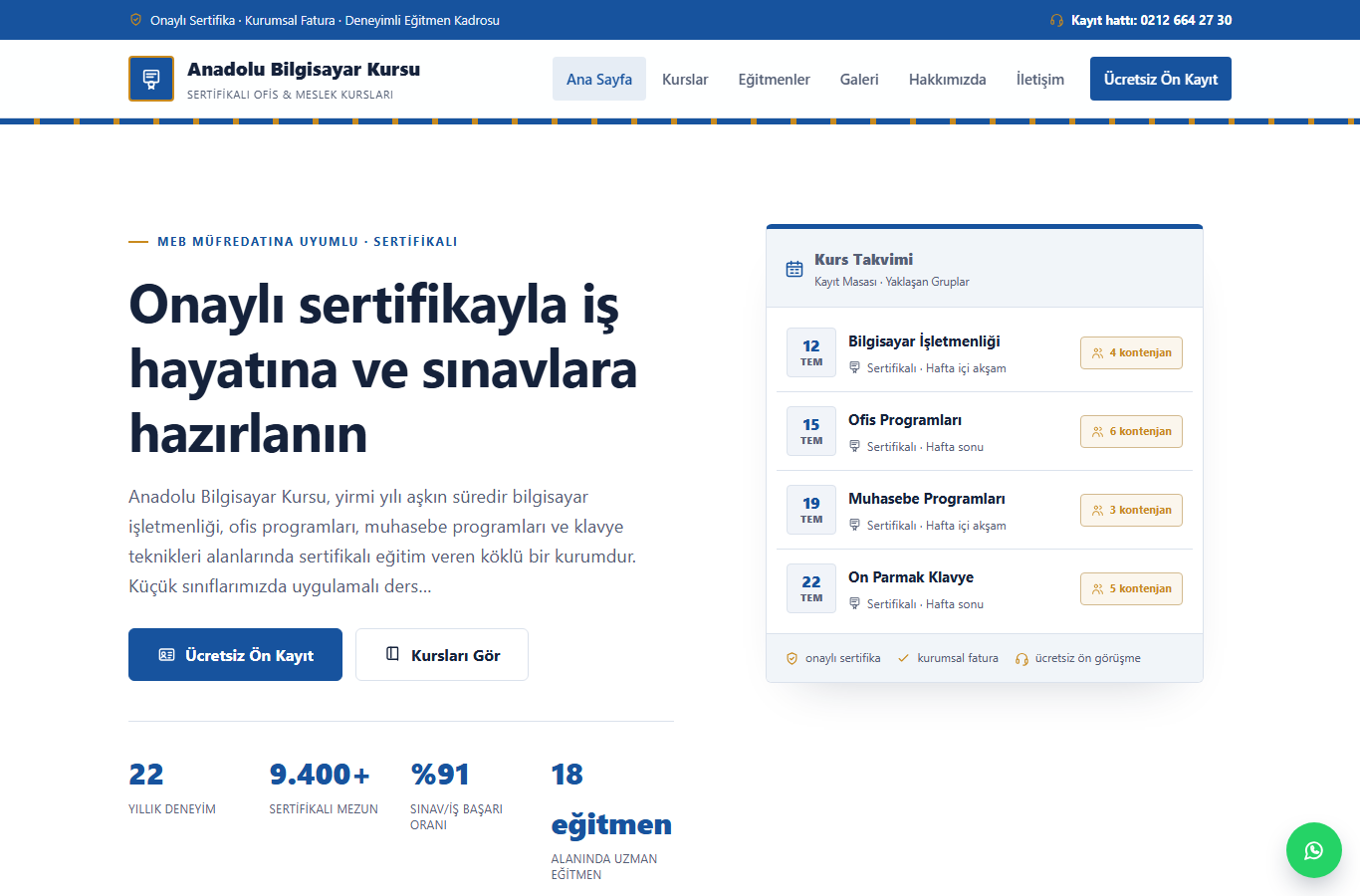 Anadolu Bilgisayar Kursu — Sertifikalı Ofis ve Meslek Kursu Web Sitesi görünümü 1