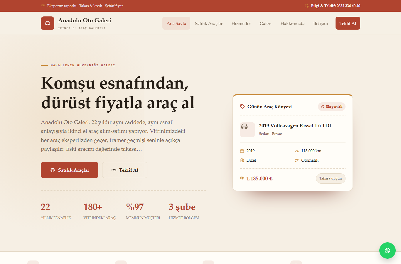 Anadolu Oto Galeri — Köklü Mahalle Oto Galerisi Web Sitesi görünümü 1