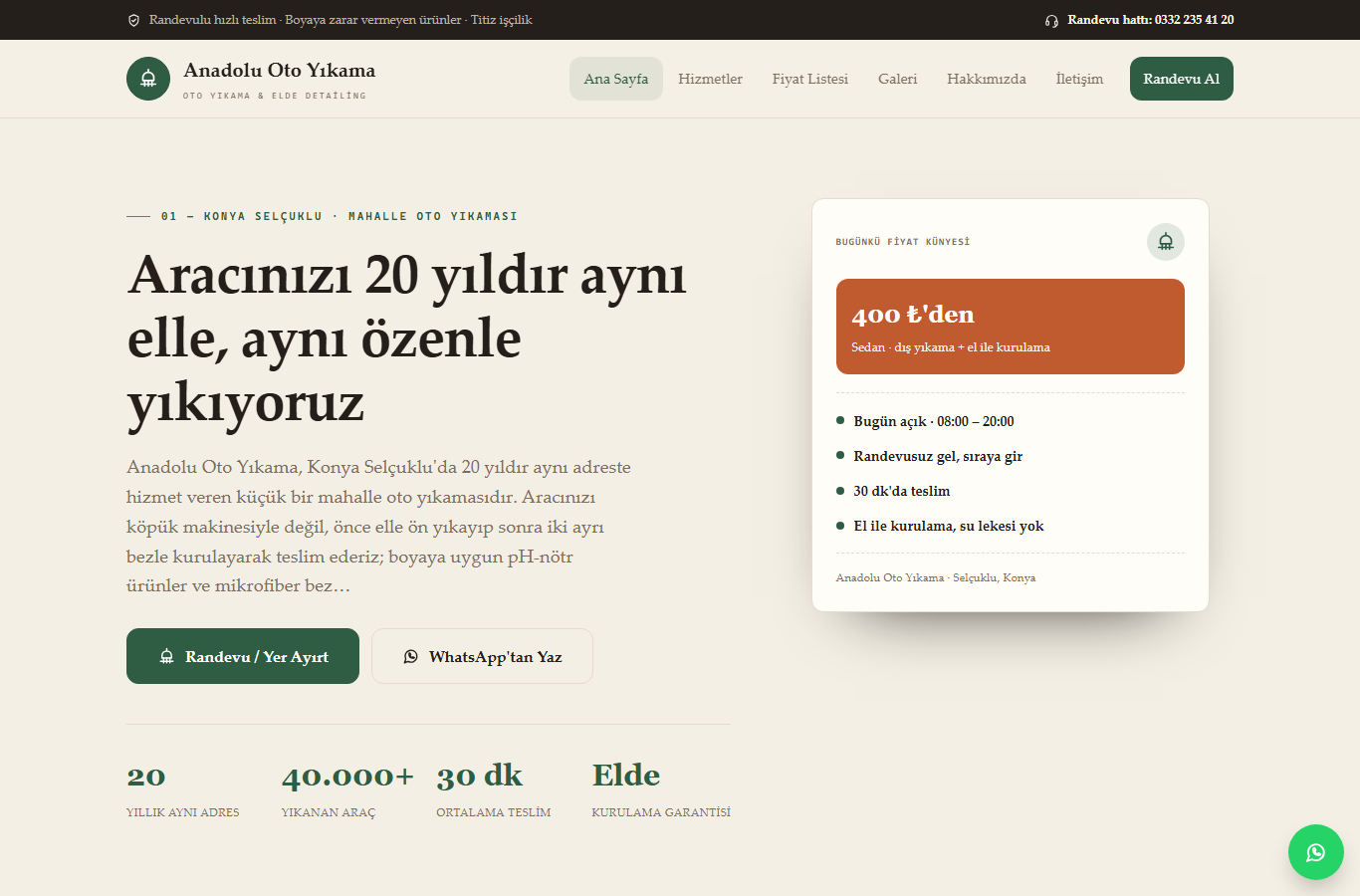 Anadolu Oto Yıkama — Mahalle Oto Yıkama & Elde Detailing Web Sitesi görünümü 1