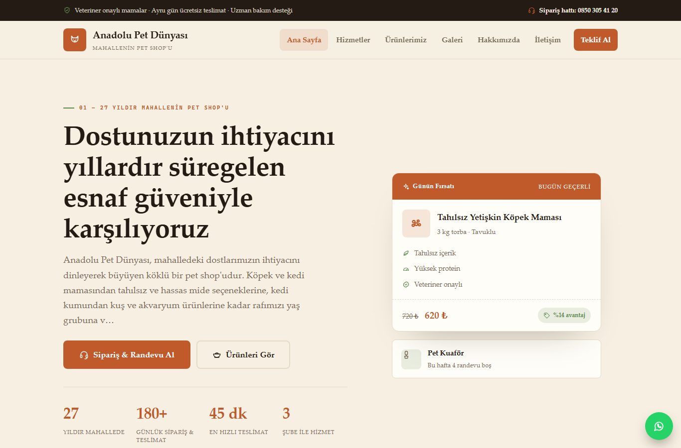 Anadolu Pet Dünyası — Köklü Mahalle Petshop Web Sitesi görünümü 1