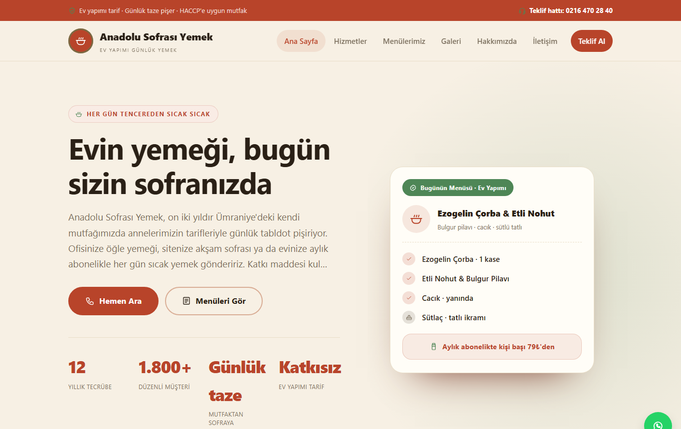 Anadolu Sofrası — Ev Yapımı Günlük Tabldot ve Yemek Aboneliği Web Sitesi görünümü 1