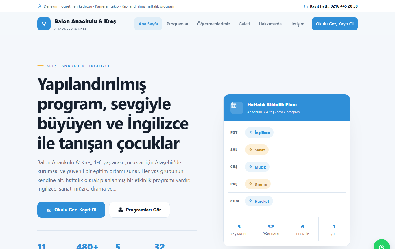 Balon — Modern & Kurumsal İngilizce Ağırlıklı Anaokulu ve Kreş Web Sitesi — ekran görüntüsü 1