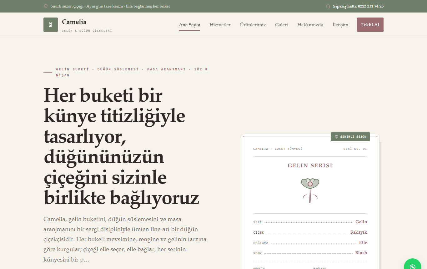 Camelia — Fine-Art Kimliğinde Gelin Buketi ve Düğün Çiçeği Web Sitesi görünümü 1