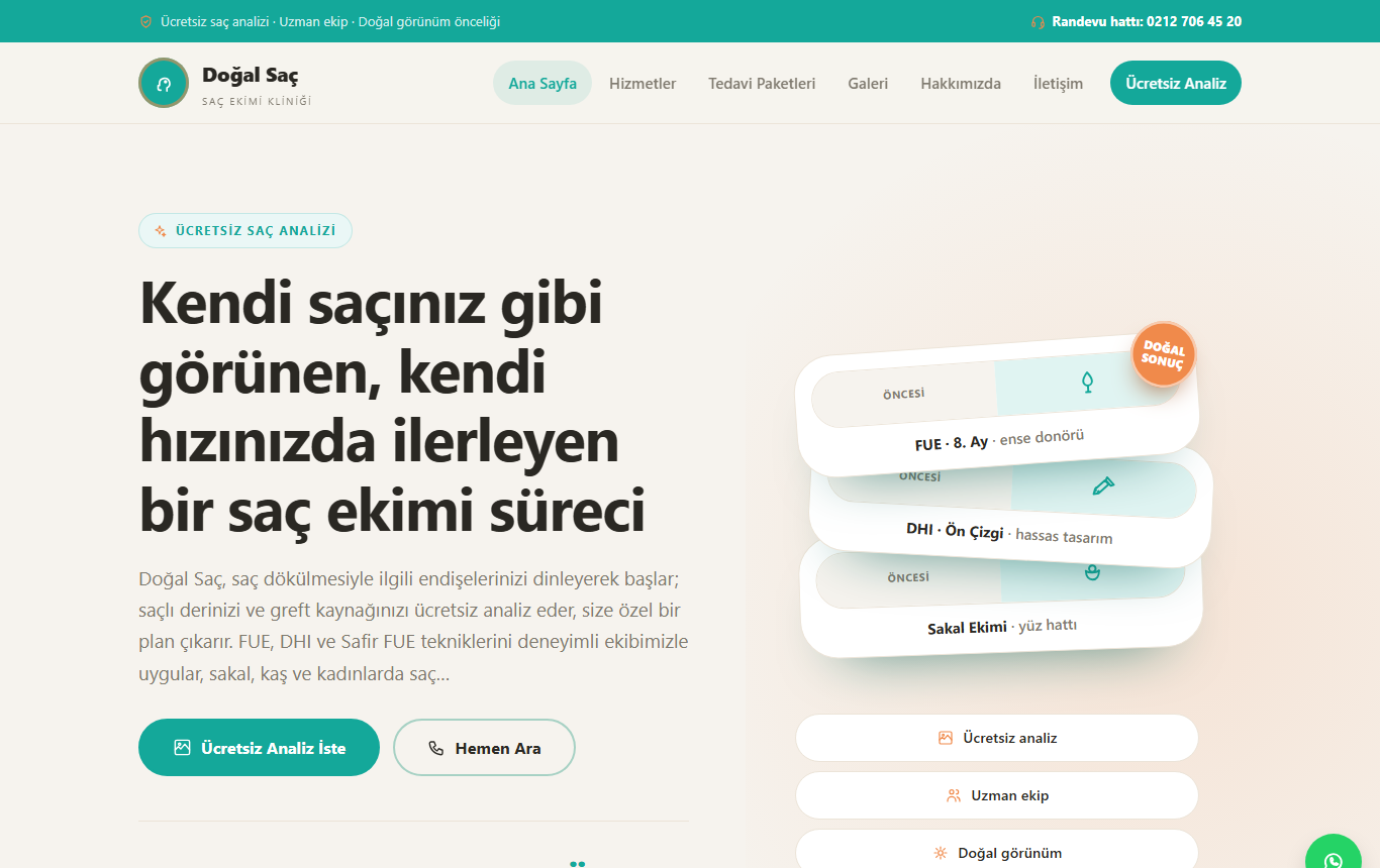 Doğal Saç — Sıcak ve Güven Veren Kimlikte Saç Ekimi Kliniği Web Sitesi görünümü 1