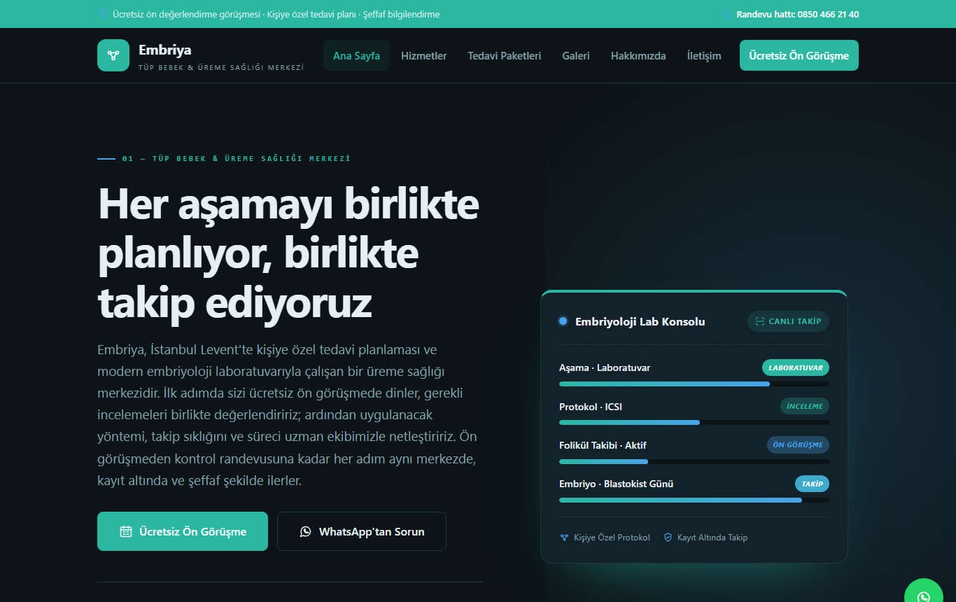 Embriya — Koyu Klinik-Teknoloji Kimliğinde Tüp Bebek & Üreme Sağlığı Web Sitesi — ekran görüntüsü 1