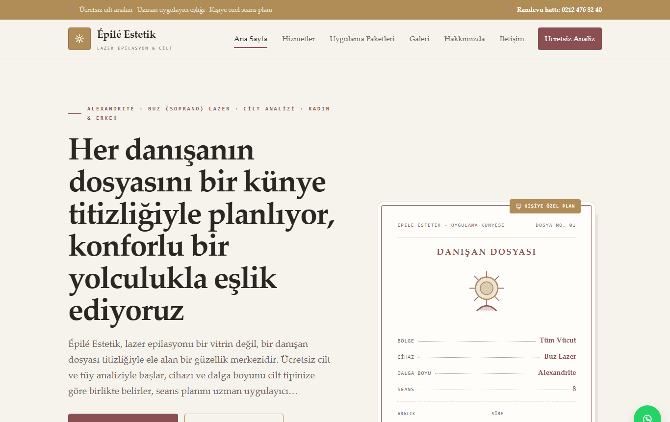 Épilé Estetik — Premium Editöryel Kimlikte Lazer Epilasyon Merkezi Web Sitesi görünümü 1