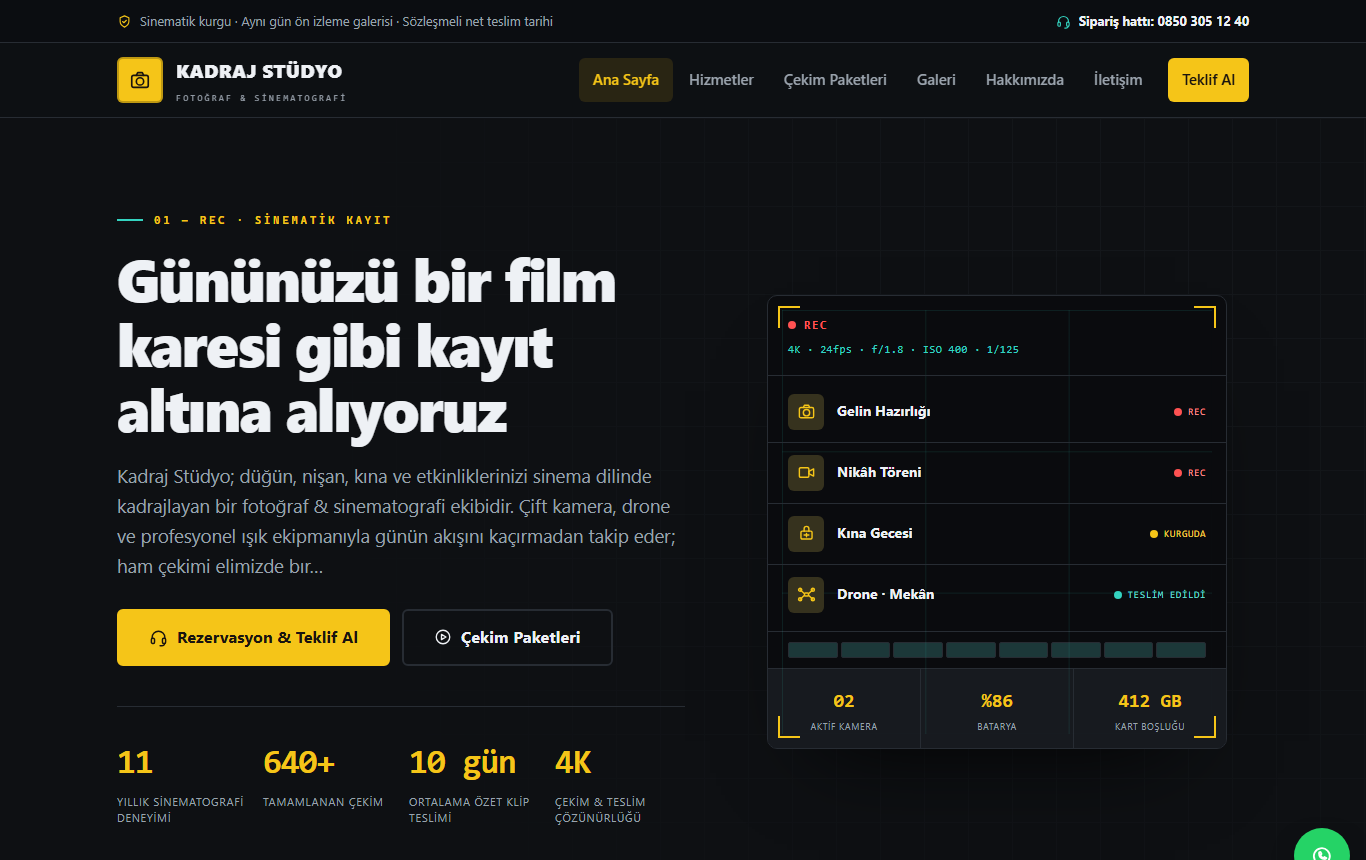 Kadraj Stüdyo — Sinematik Vizör Kimliğinde Düğün ve Etkinlik Fotoğraf & Video Web Sitesi görünümü 1