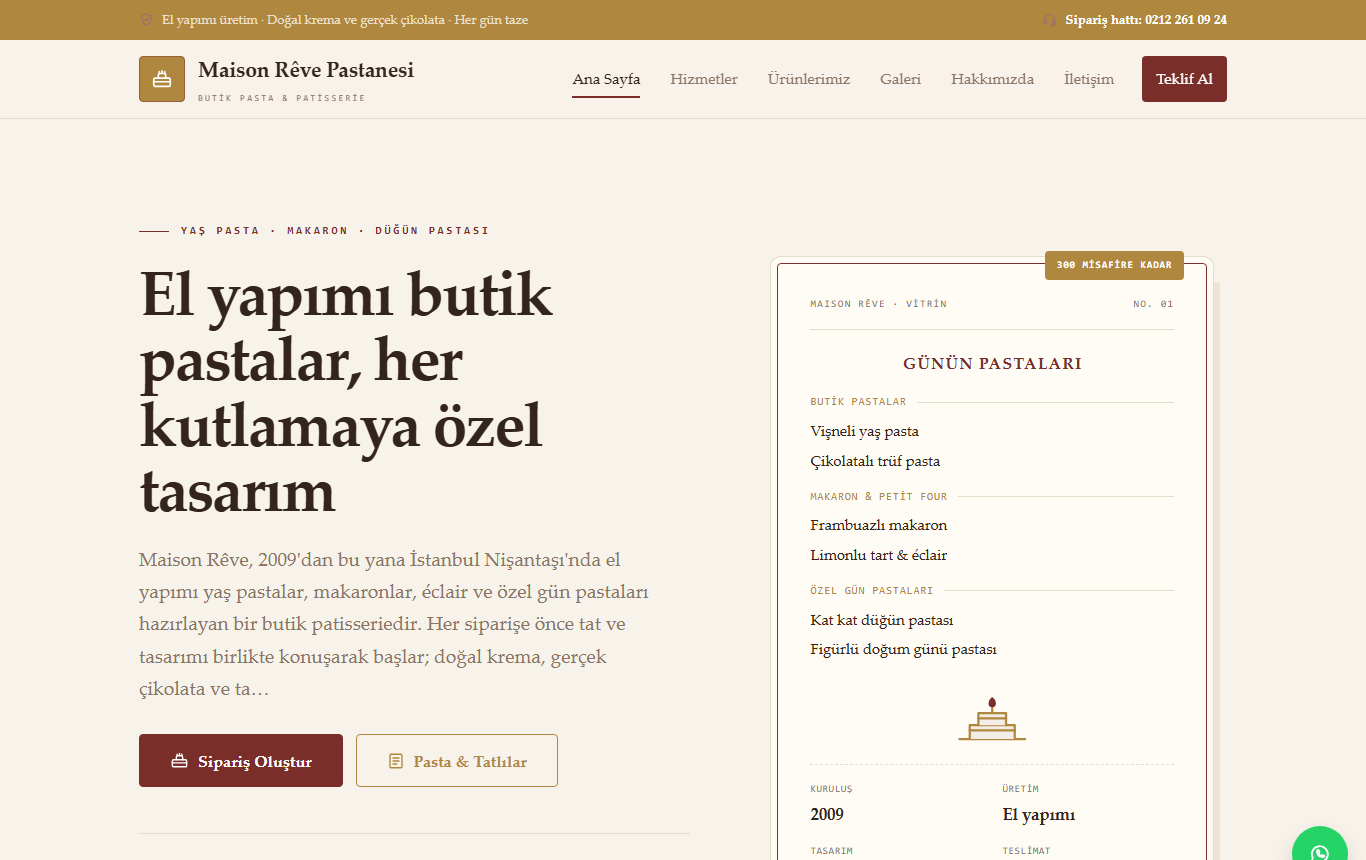 Maison Rêve Pastanesi — Editöryel Vitrin Kimliğinde Butik Pasta ve Patisserie Web Sitesi görünümü 1