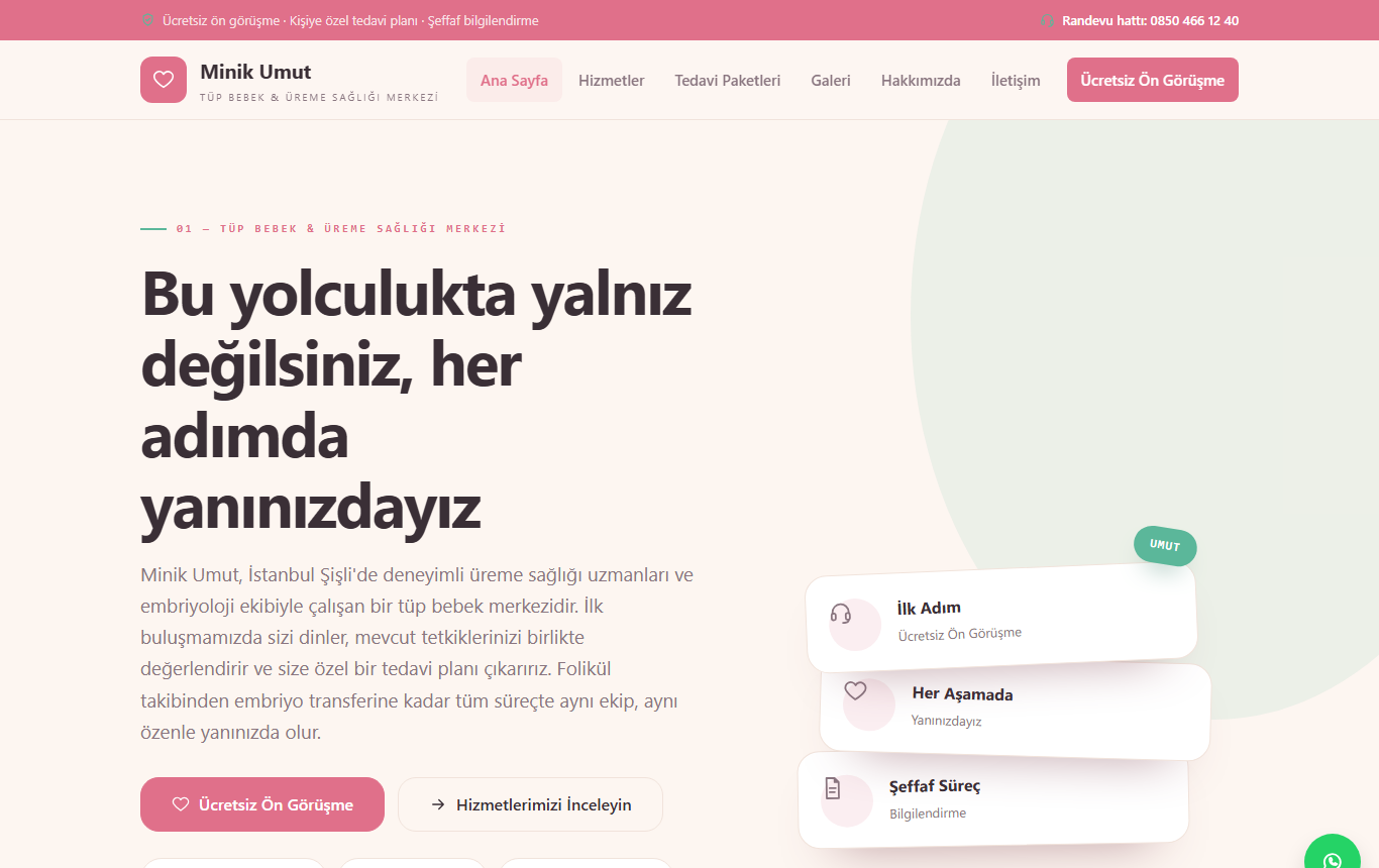 Minik Umut — Sıcak & Samimi Aile Odaklı Tüp Bebek Merkezi Web Sitesi — ekran görüntüsü 1