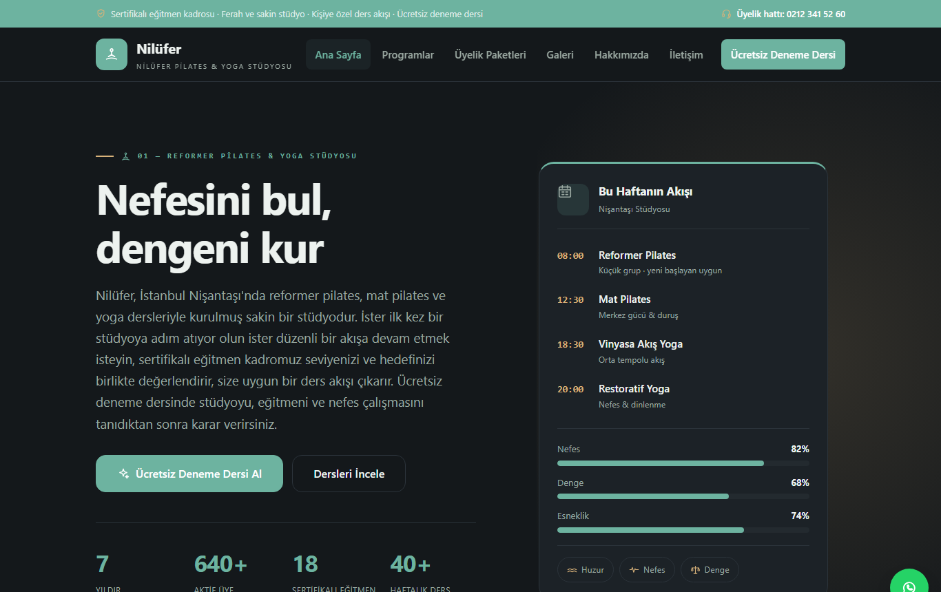 Nilüfer — Koyu & Sakin Premium Yoga & Meditasyon Stüdyosu Web Sitesi — ekran görüntüsü 1