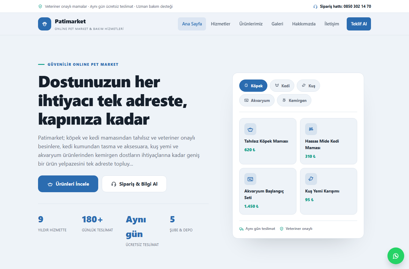 Patimarket — Modern Pet Market & Online Vitrin Web Sitesi görünümü 1