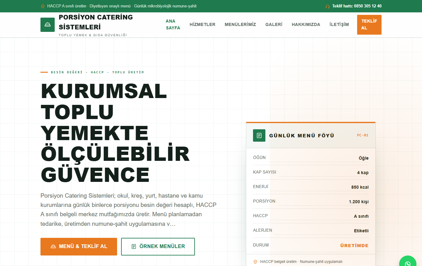 Porsiyon Catering Sistemleri — Menü Föyü Kimliğinde Kurumsal Toplu Yemek Web Sitesi görünümü 1