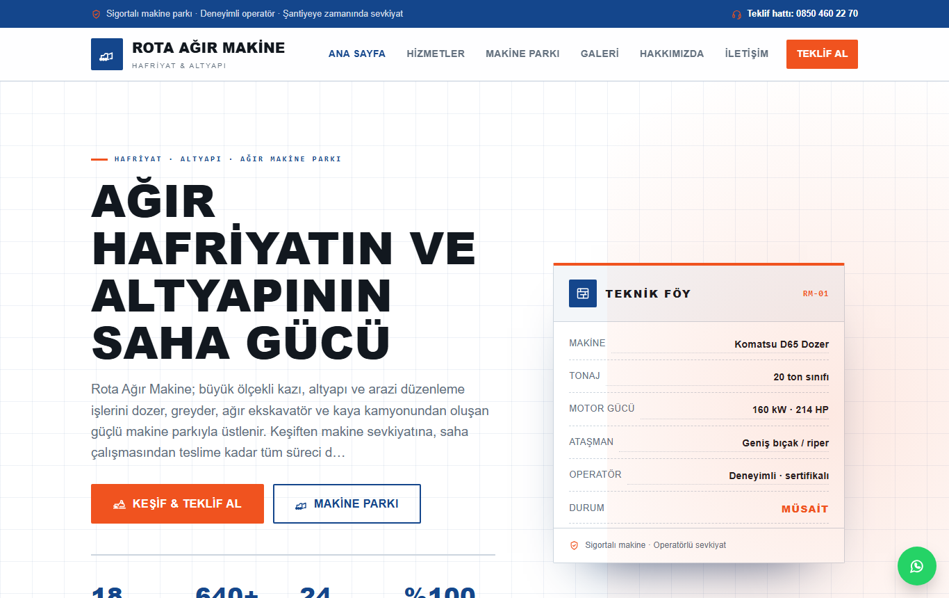 Rota Ağır Makine — Hafriyat ve Altyapı Makine Kiralama Web Sitesi görünümü 1