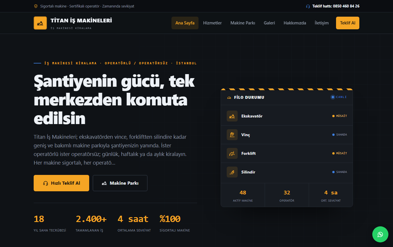 Titan İş Makineleri — Geniş Filolu Makine Kiralama Web Sitesi görünümü 1