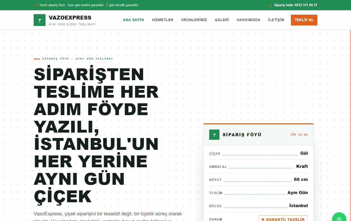 VazoExpress — Sipariş Föyü Kimliğinde Aynı Gün Çiçek Teslimatı Web Sitesi görünümü 1