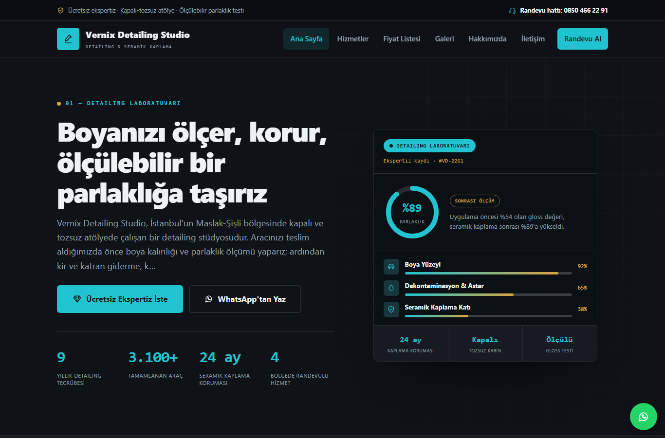 Vernix Detailing Studio — Seramik Kaplama & Boya Koruma Web Sitesi görünümü 1