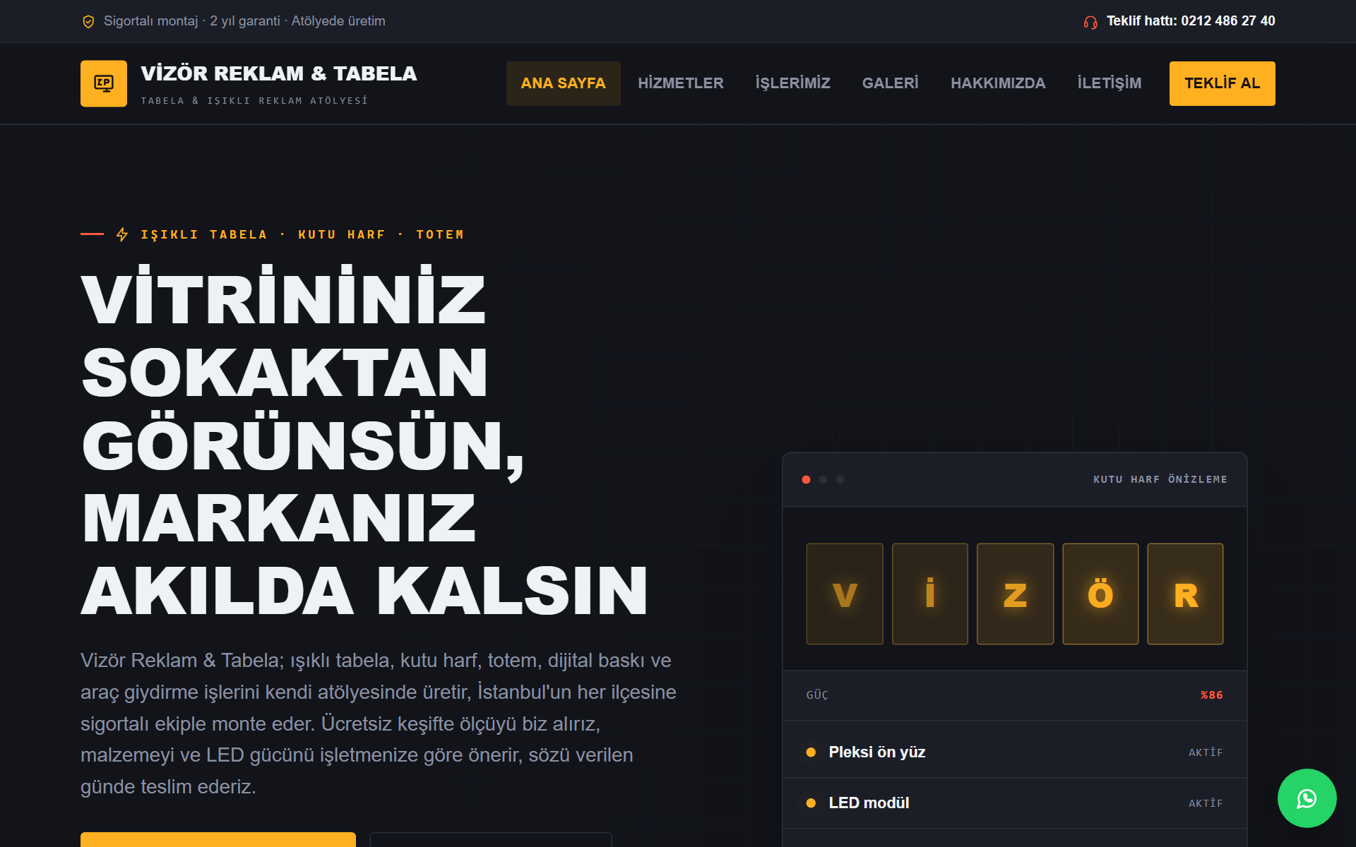 Vizör — Koyu & Endüstriyel Işıklı Tabela / Kutu Harf Web Sitesi — ekran görüntüsü 1