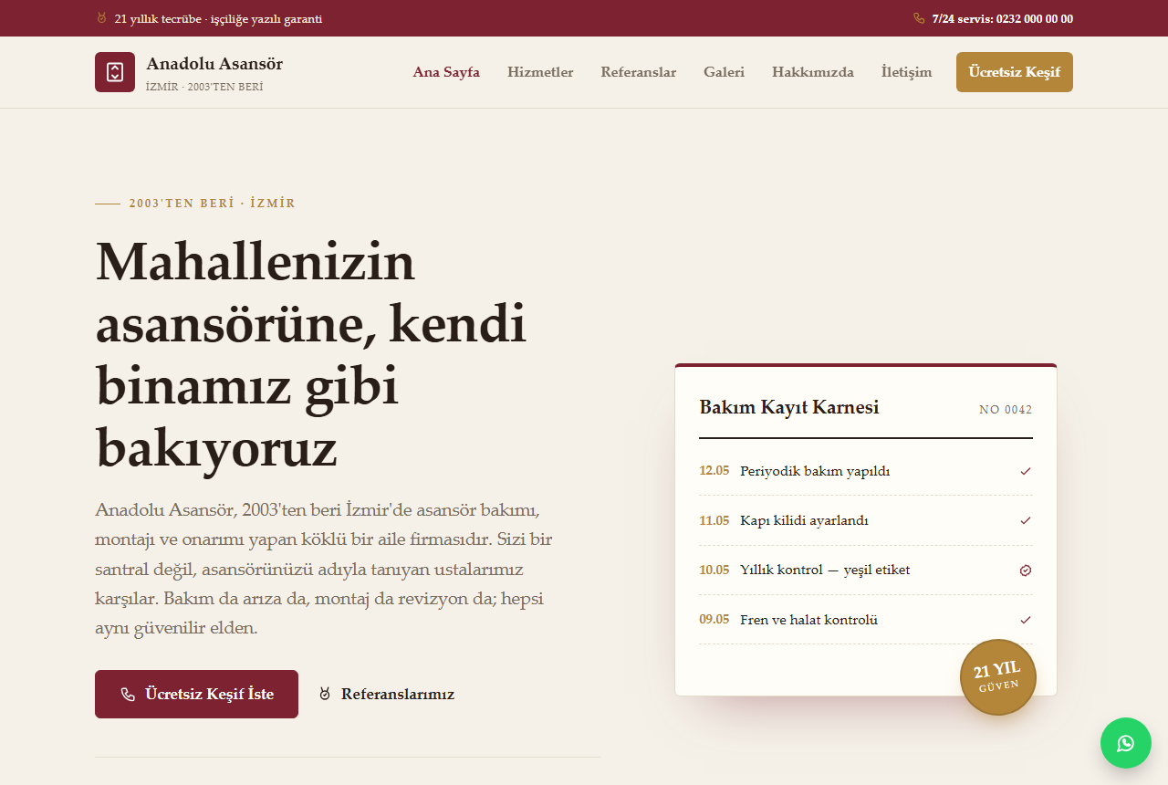 Anadolu Asansör — Köklü Asansör Servisi Web Sitesi görünümü 1