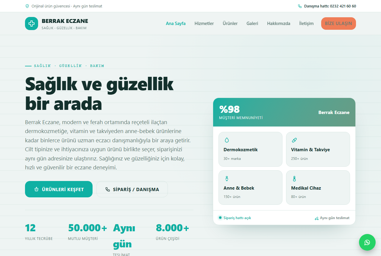 Berrak Eczane — Modern ve Ferah Eczane Web Sitesi görünümü 1