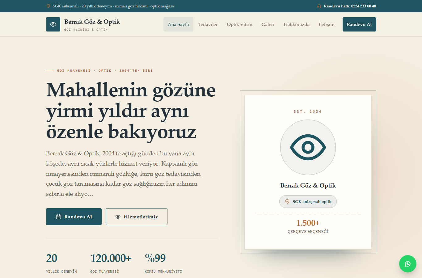 Berrak Göz & Optik — Köklü Klinik ve Optik Web Sitesi görünümü 1
