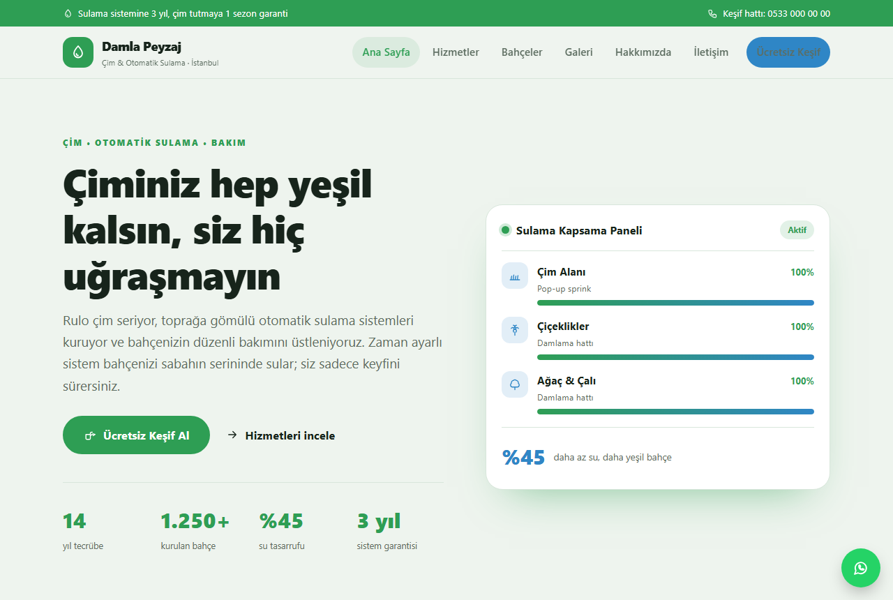 Damla Peyzaj — Çim & Otomatik Sulama Web Sitesi görünümü 1