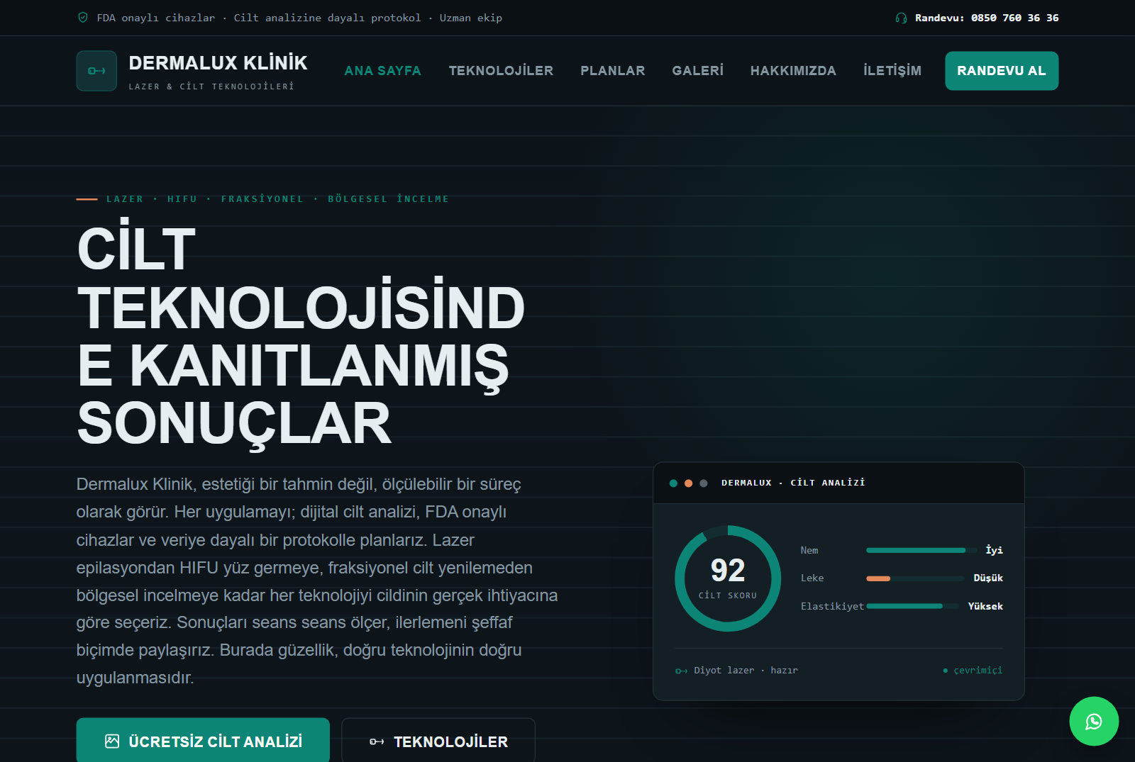Dermalux Klinik — Lazer ve Cilt Teknolojileri Merkezi Web Sitesi görünümü 1