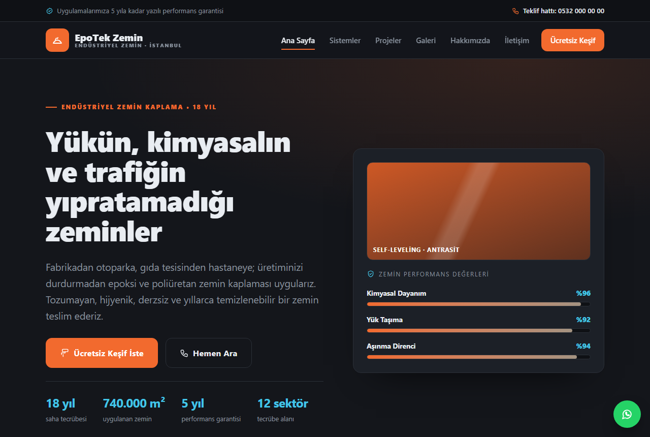 EpoTek — Epoksi & Endüstriyel Zemin Kaplama Web Sitesi görünümü 1