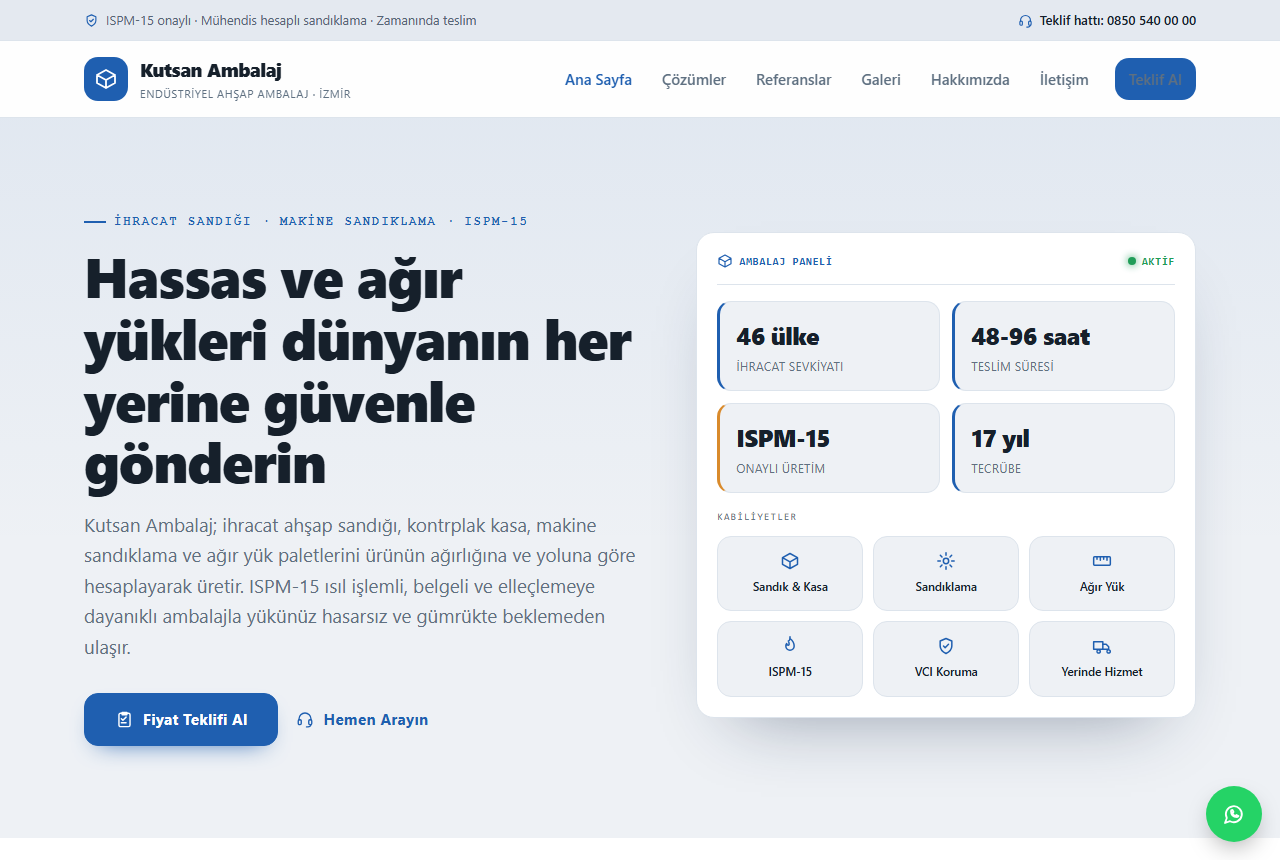 Kutsan Ambalaj — İhracat Ahşap Sandık ve Endüstriyel Ambalaj Web Sitesi görünümü 1