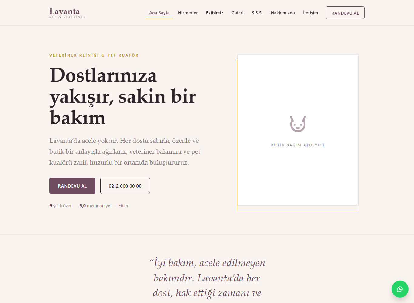 Lavanta Pet & Veteriner web sitesi ana sayfa görünümü