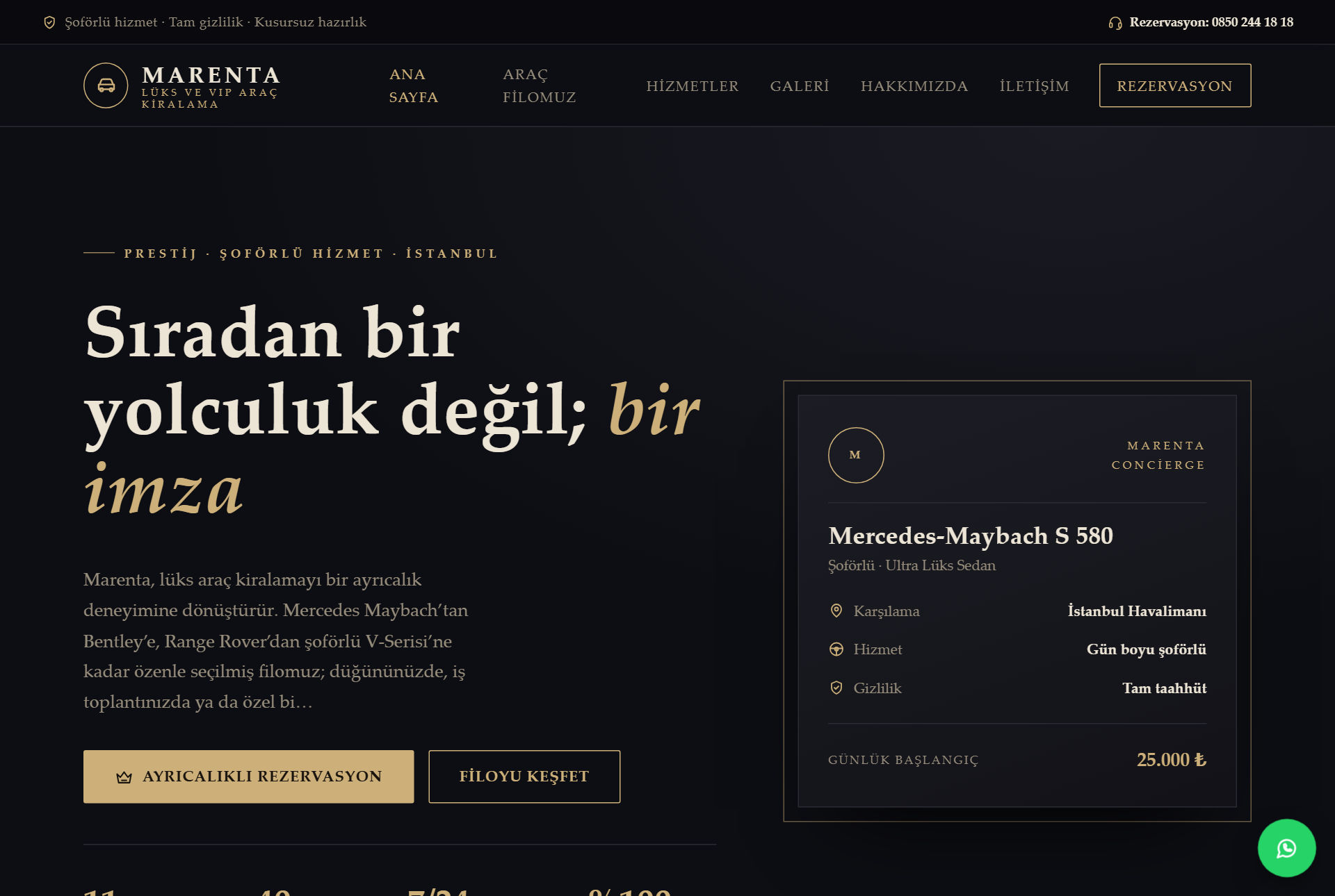Marenta Luxury — Lüks ve VIP Araç Kiralama Web Sitesi görünümü 1