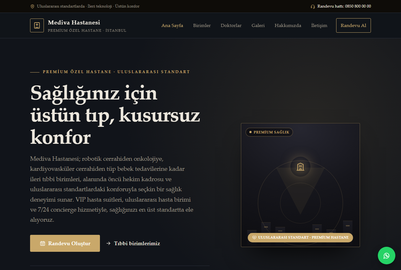 Mediva Hastanesi — Premium ve Uluslararası Özel Hastane Web Sitesi görünümü 1
