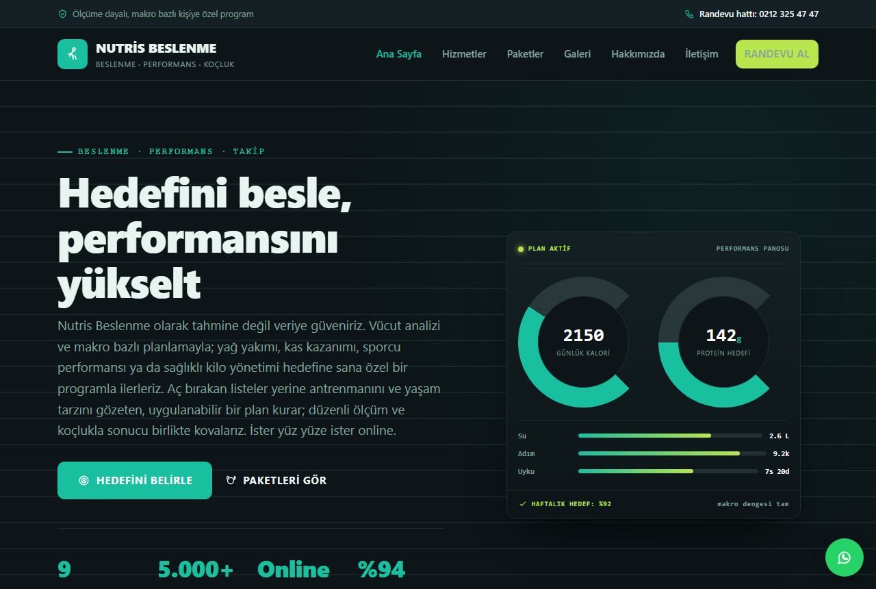 Nutris Beslenme — Sporcu & Performans Diyetisyeni Web Sitesi görünümü 1