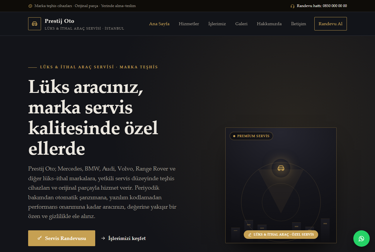 Prestij Oto — Lüks ve İthal Araç Servisi Web Sitesi görünümü 1