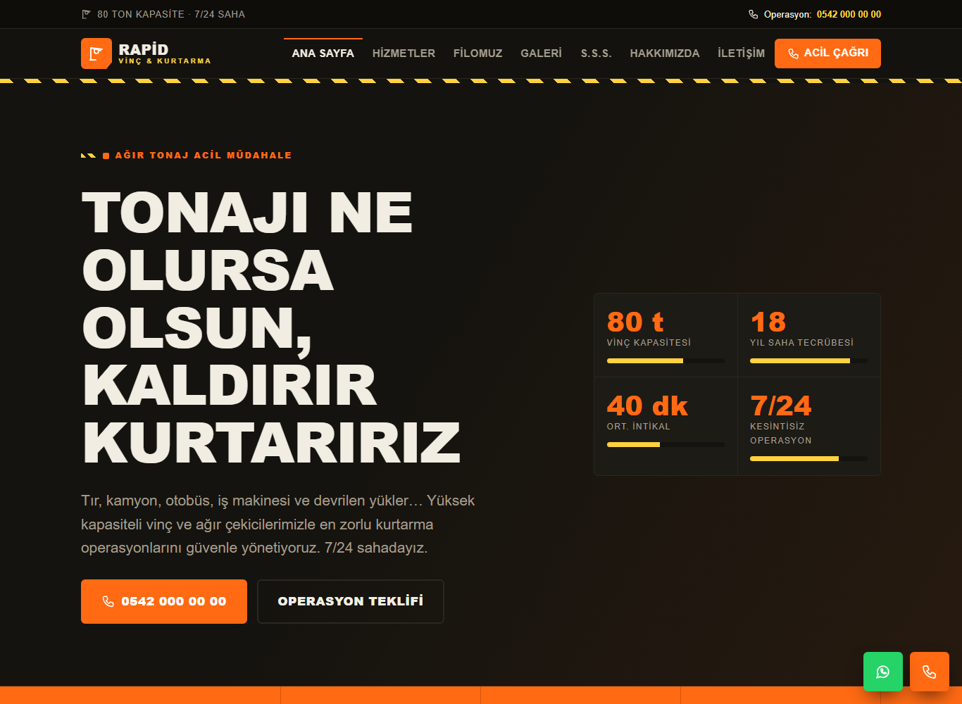 Rapid Vinç & Kurtarma web sitesi ana sayfa görünümü