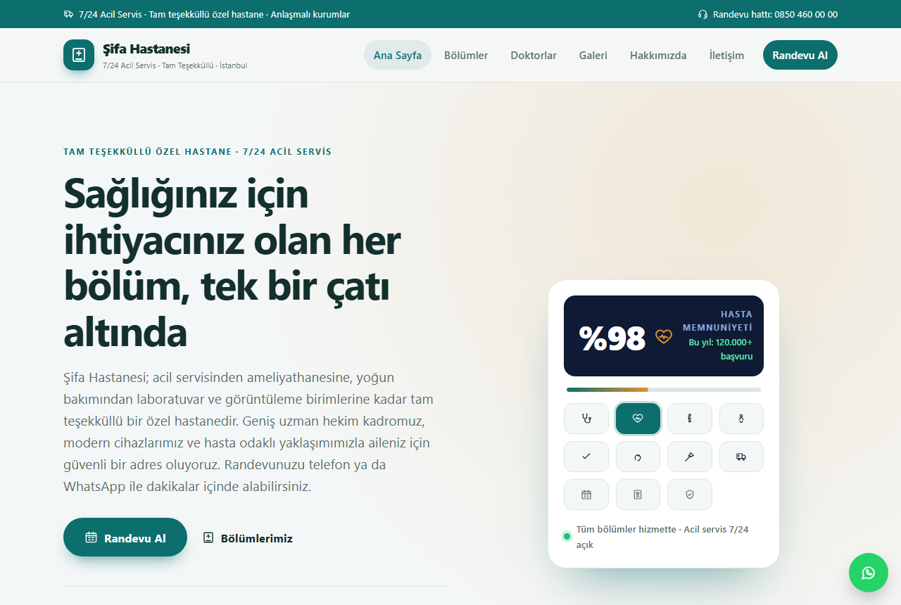 Şifa Hastanesi — Tam Teşekküllü Özel Hastane Web Sitesi görünümü 1