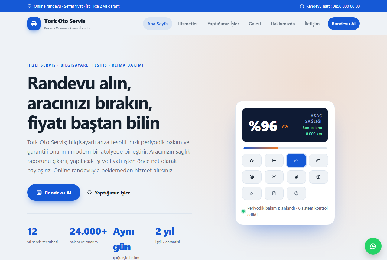 Tork Oto Servis — Modern Oto Servis Web Sitesi görünümü 1