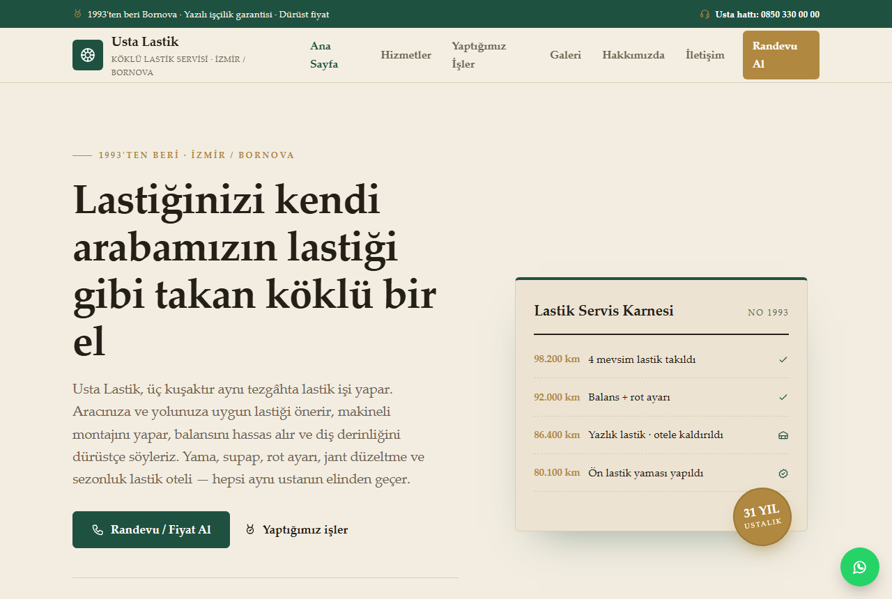 Usta Lastik — Köklü Lastik Servisi Web Sitesi görünümü 1