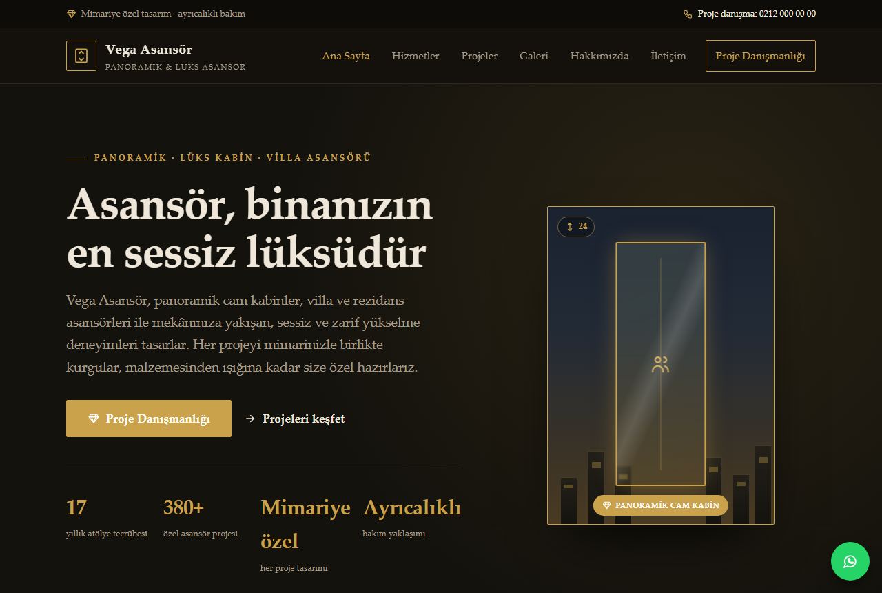 Vega Asansör — Panoramik & Lüks Asansör Web Sitesi görünümü 1