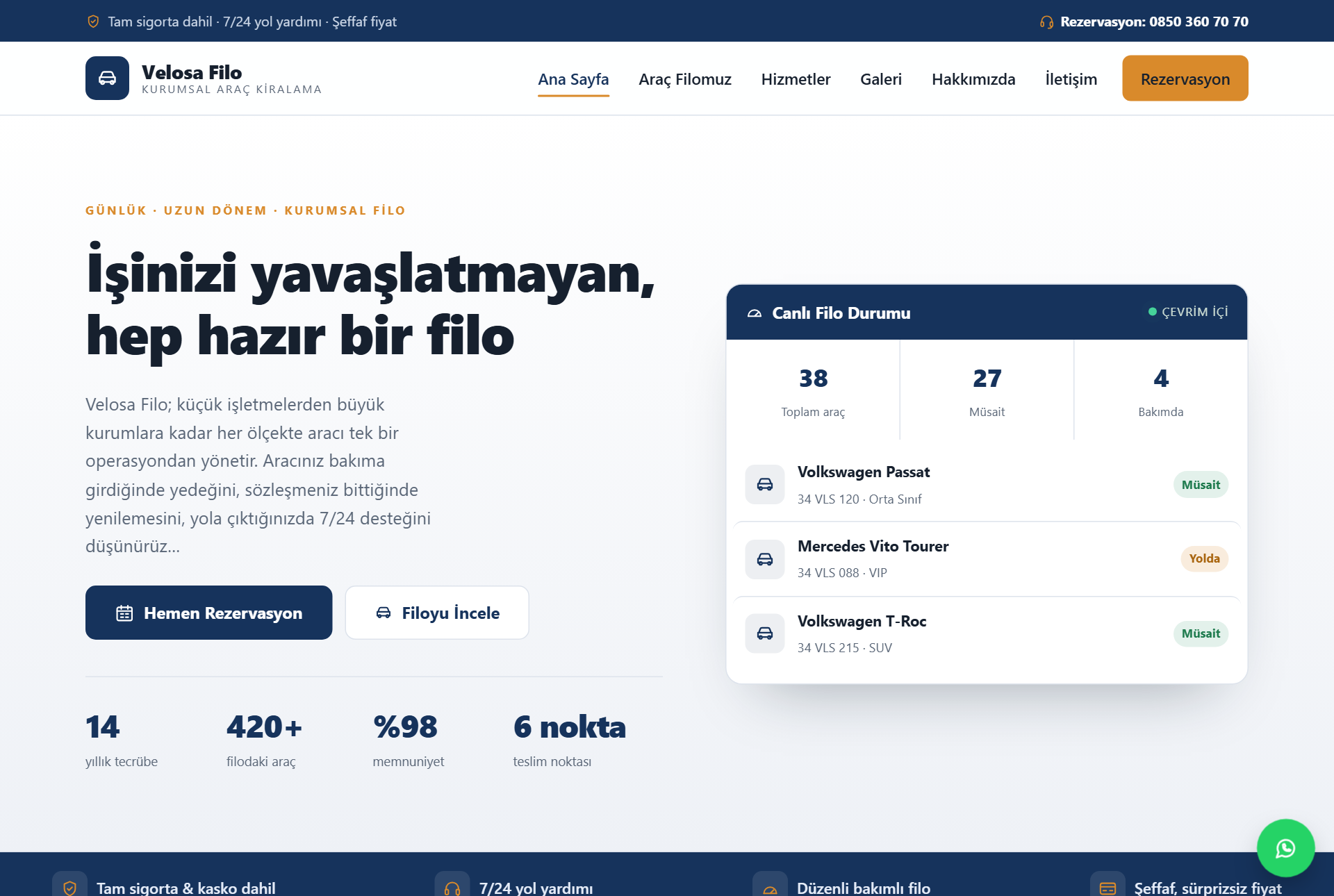 Velosa Filo — Kurumsal ve Günlük Araç Kiralama Web Sitesi görünümü 1