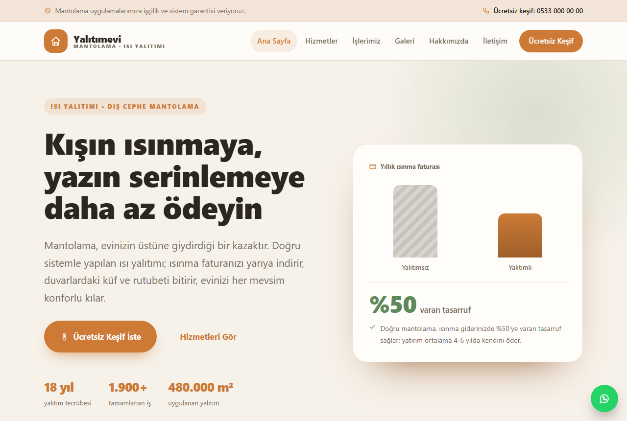 Yalıtımevi — Dış Cephe Mantolama & Isı Yalıtımı Web Sitesi görünümü 1