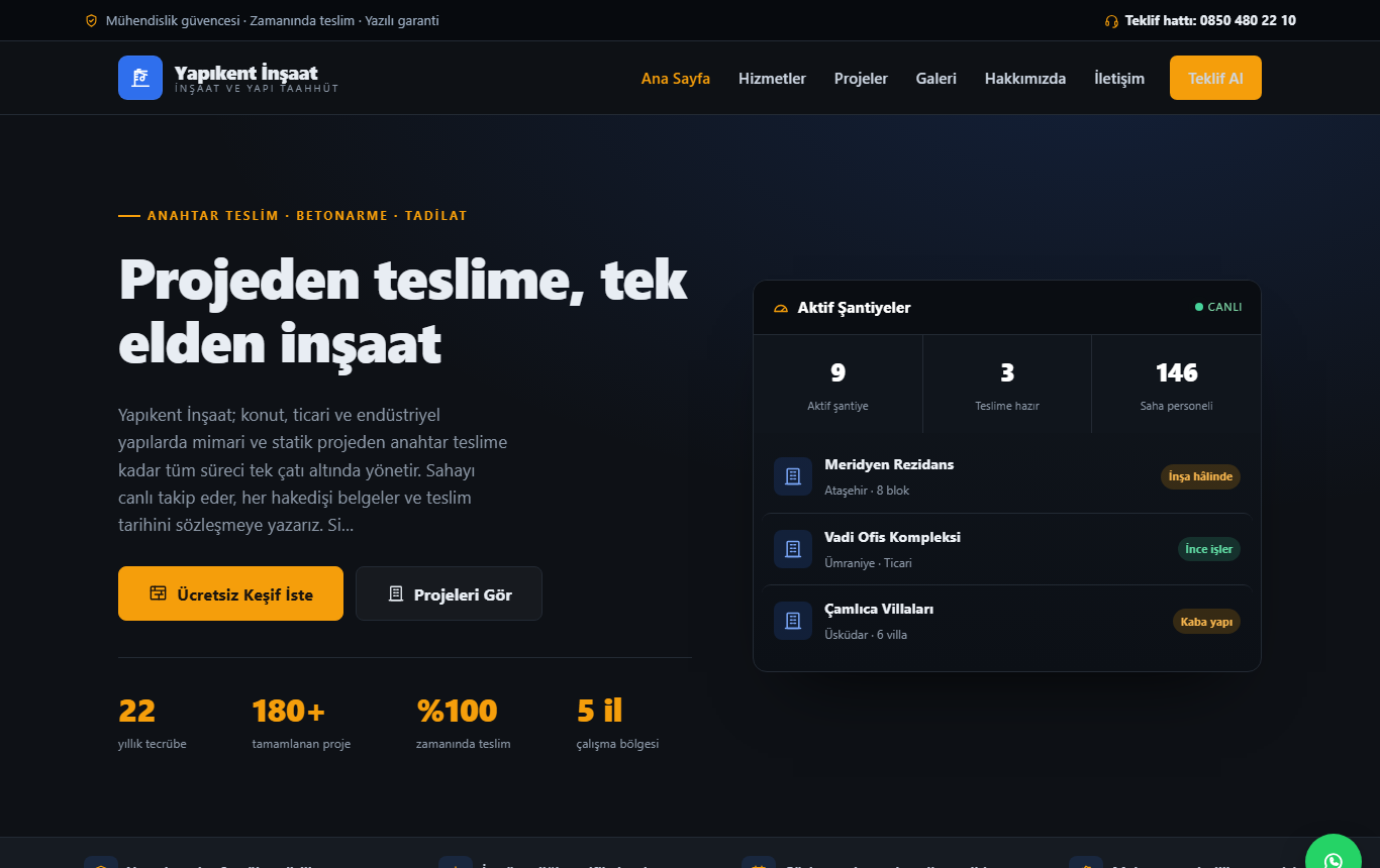 Yapıkent İnşaat — Anahtar Teslim ve Taahhüt İnşaat Web Sitesi görünümü 1