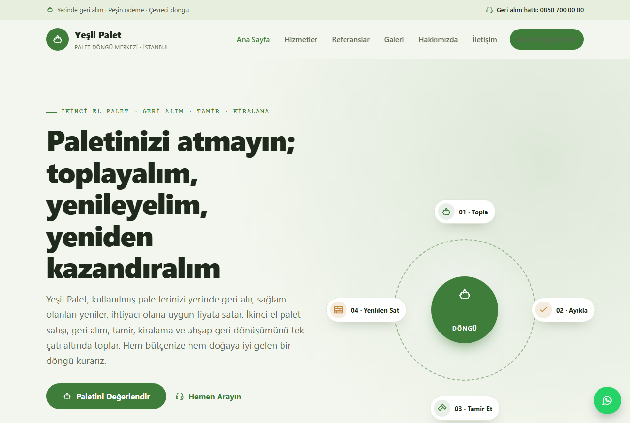 Yeşil Palet — İkinci El Palet, Geri Alım ve Geri Dönüşüm Web Sitesi görünümü 1